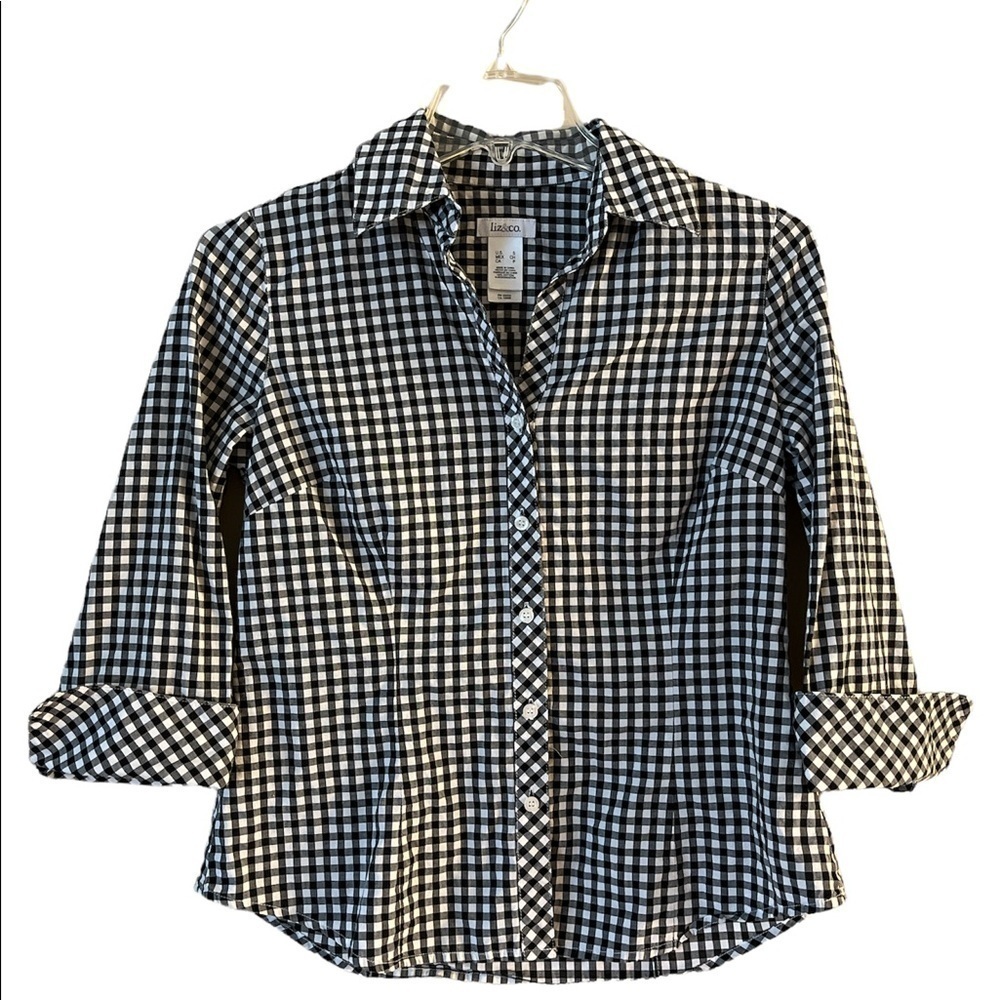 Liz & Co Black and White Check Buttoned Blouse sz S